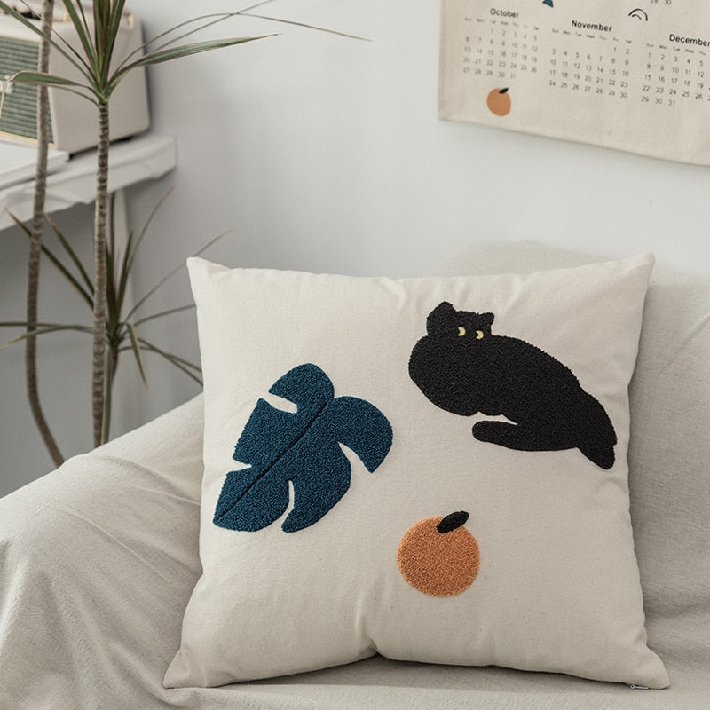 Cheeky Cat & Monstera Leaf Embroidered Cushion Cover
